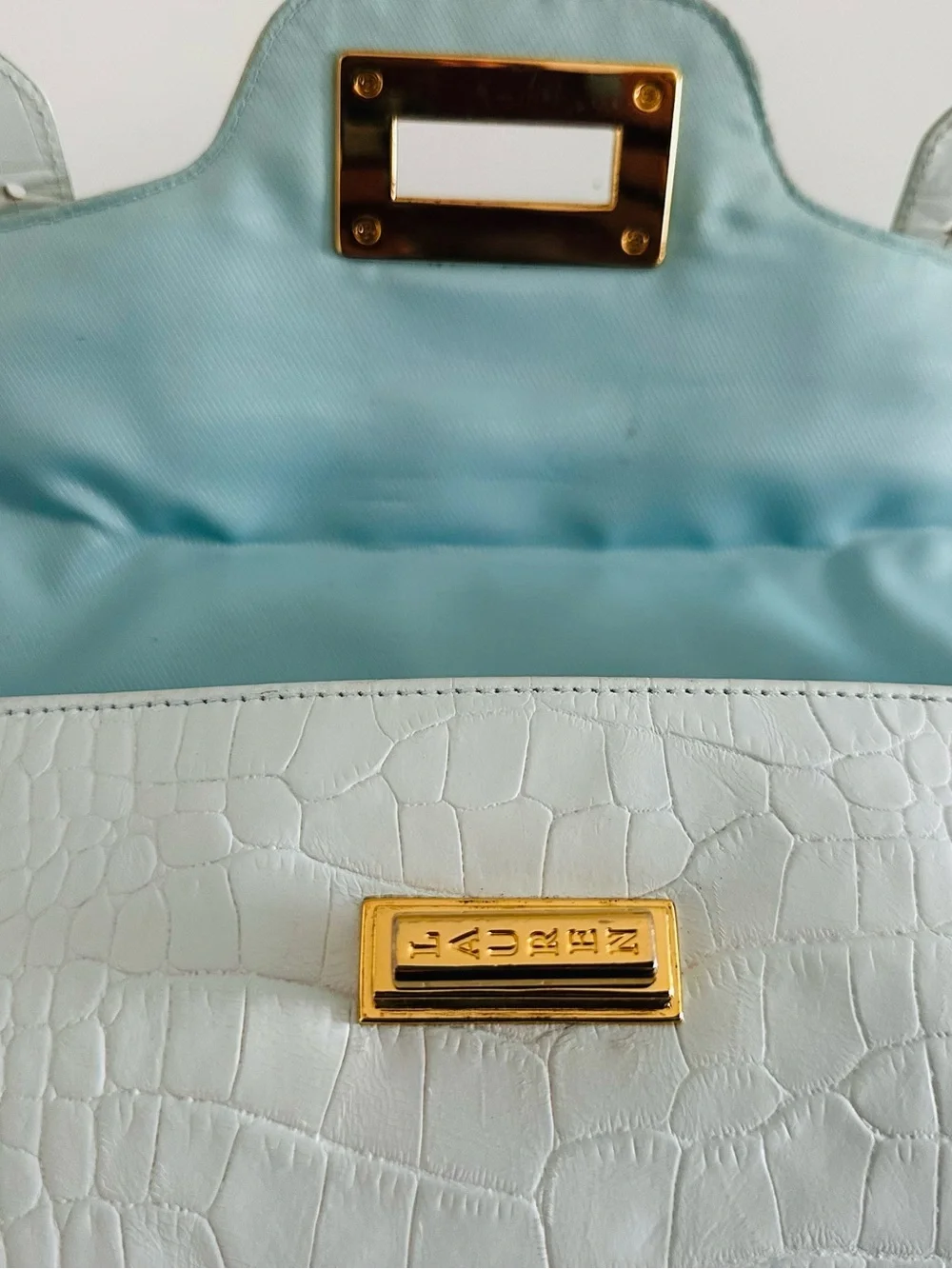 Lauren Ralph Lauren Light Blue Croc-Embossed Clutch with Gold Hardware